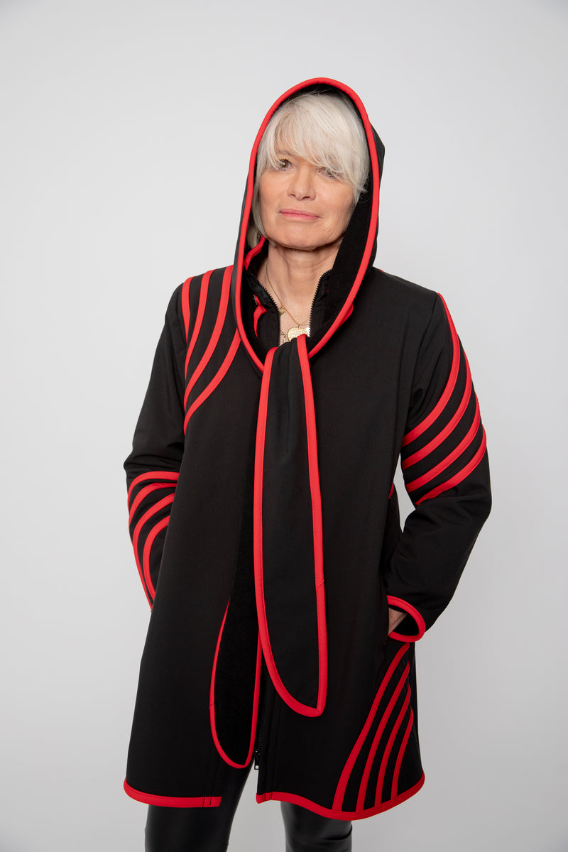 VESTE 3/4 NOIRE - BANDES ROUGES