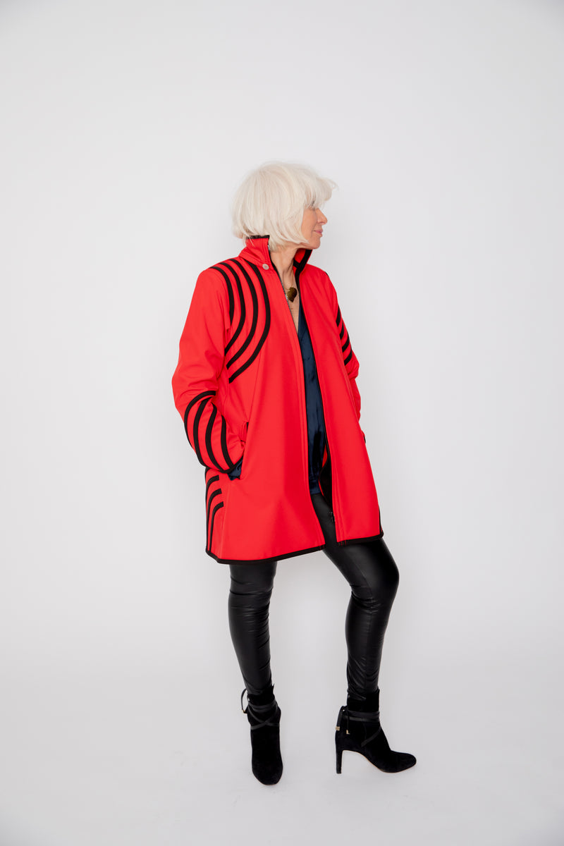 VESTE 3/4 ROUGE - BANDES NOIRES